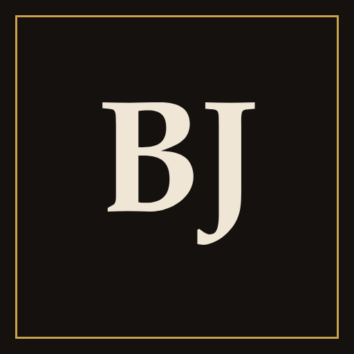 Byron Jupiter logo: cream serif initials BJ on a black square inside a thin gold border.
