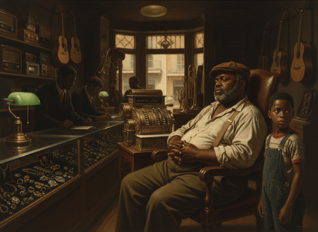 Old Master oil painting of a young Black boy standing alert beside his large uncle, who dozes in a chair by an antique cash register at the back of a New Orleans pawn shop