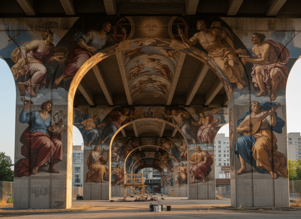 A monumental Renaissance-style fresco painted across the concrete pillars of a city highway overpass