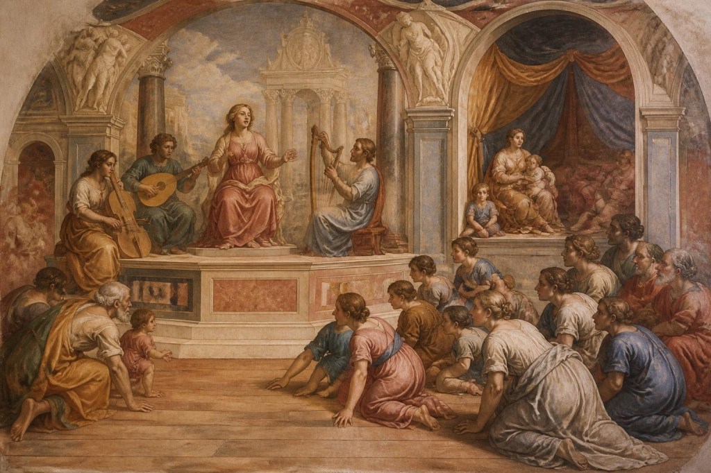Renaissance-style fresco of a concert where some listeners rest in a quiet alcove and others feel the music through their hands