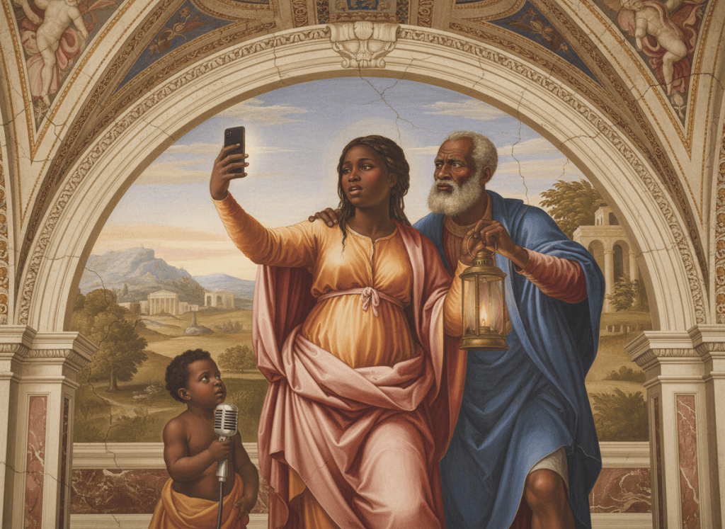 Renaissance-style fresco of a young Black woman filming with a smartphone while her silver-haired grandfather holds a lantern to light her