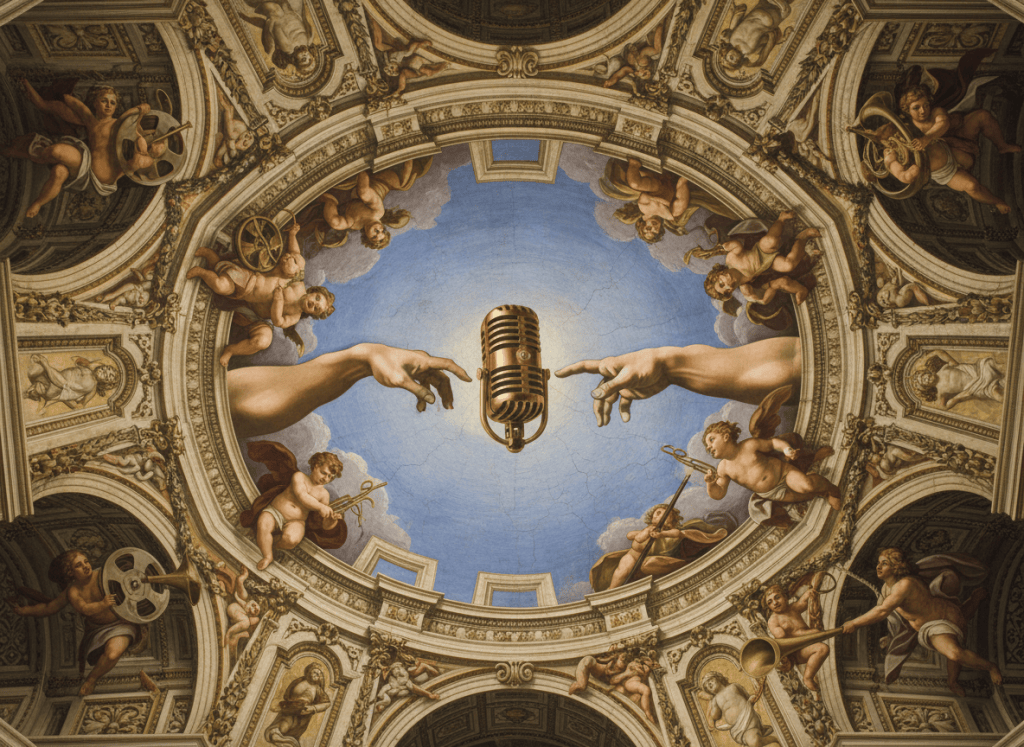 Renaissance fresco of two hands reaching toward a vintage studio microphone beneath a painted chapel ceiling