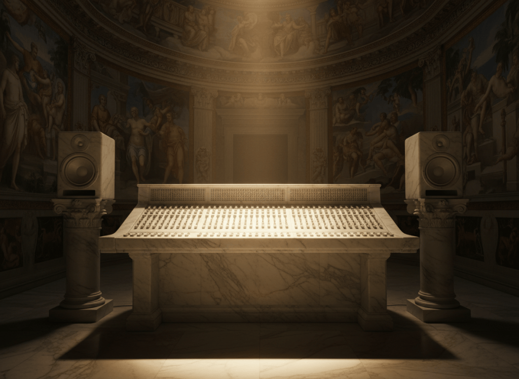 A large-format mixing console carved from marble sits in a Renaissance chapel lit by a single shaft of light