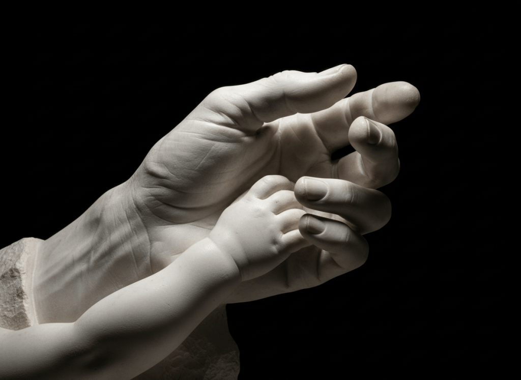 Marble sculpture of an elder's weathered hand holding a young child's hand