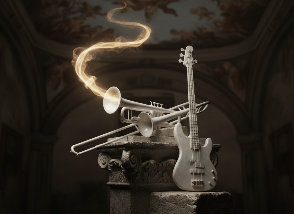 A trumpet and trombone carved from marble on a stone plinth, with a ribbon of golden light rising like breath