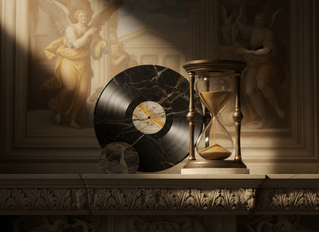 A marble still life of a vinyl record and an hourglass on a stone ledge in warm light