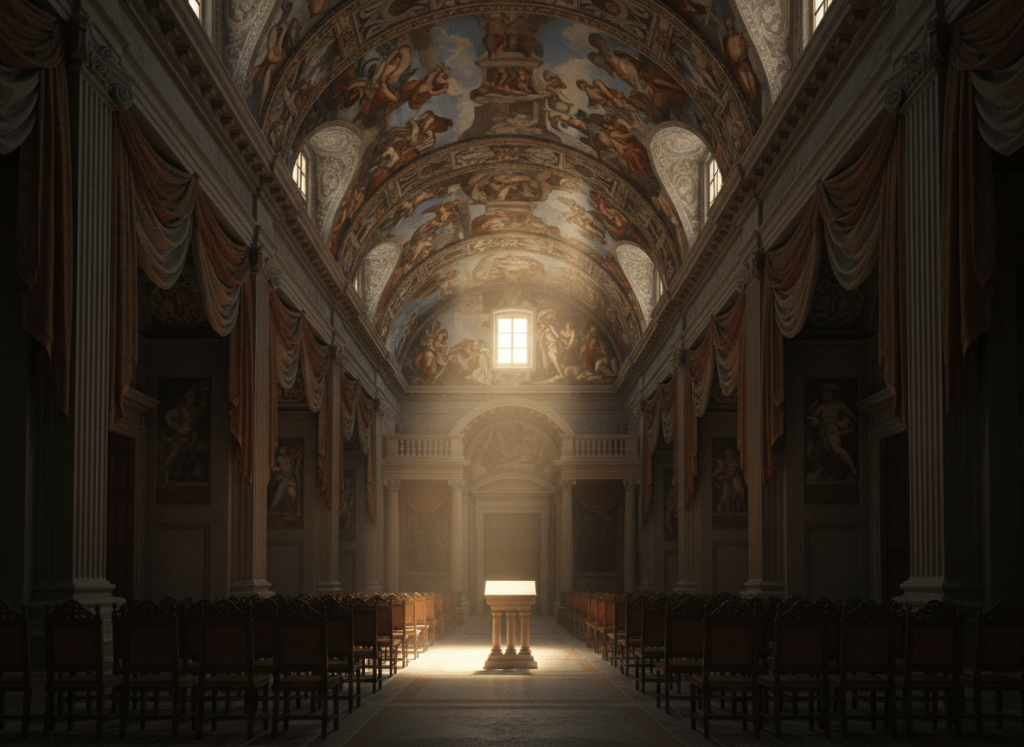 An empty frescoed Renaissance hall with rows of chairs facing a single lectern in a shaft of light