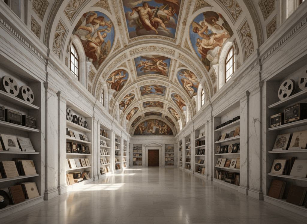 A vaulted Renaissance marble hall lined with shelves of master tapes and ledgers under a frescoed ceiling