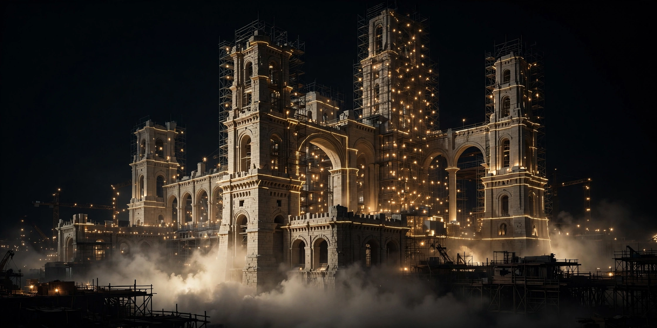 A grand structure under construction at night, lit in champagne gold